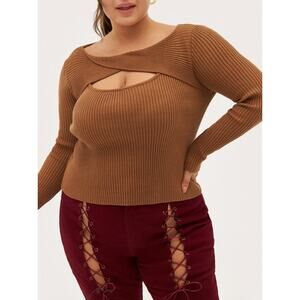 Cider Ribbed Knit Cut Out Top Womens Size 1X Camel Twist Neck Stretch